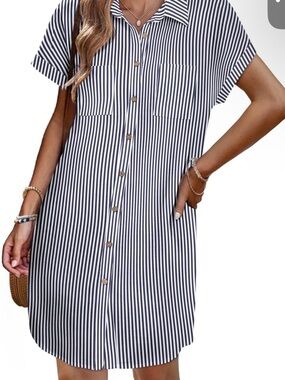 zeagoo Navy and White Striped Button-Front Mini Shirt Dress